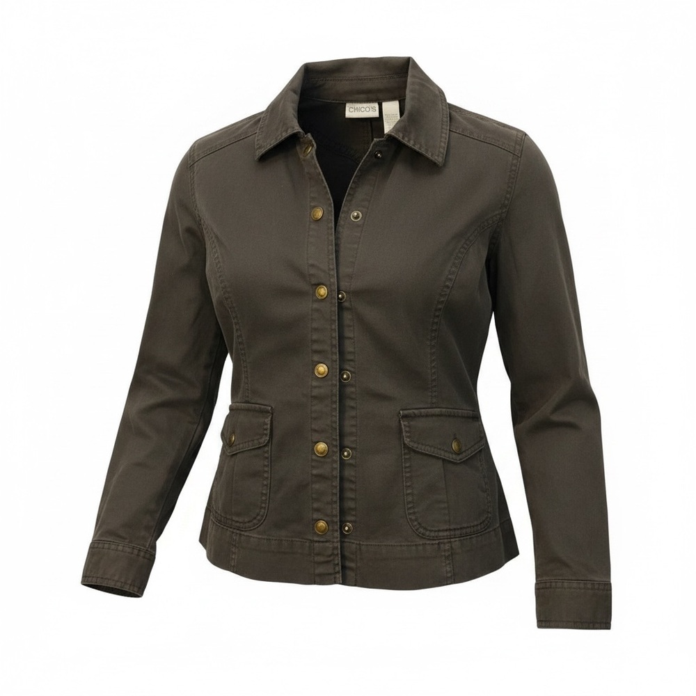 Chico’s Brown Utility Jacket Womens Size 0 Small Embroidered Snap Front Stretch